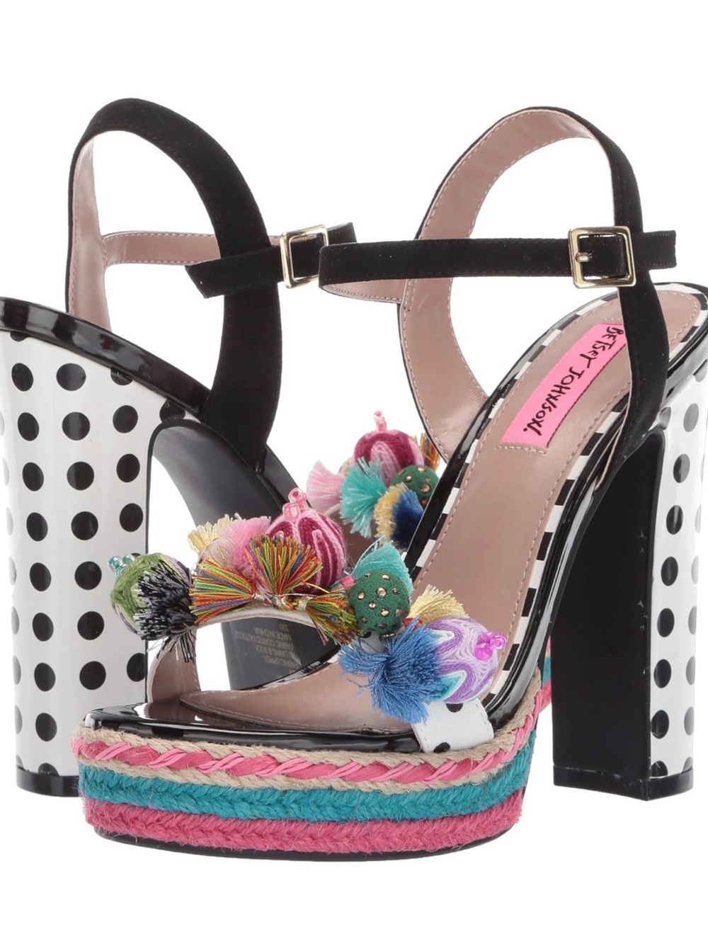 Betsey Johnson Black Polka Dot Platformp Sandals with Multicolor Pom Pom Accent